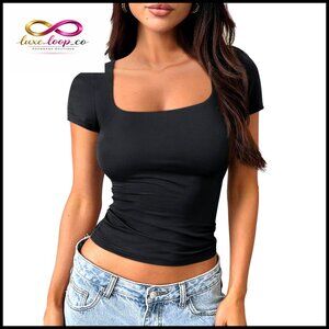 Double Lined Square Neck Crop Top Short Sleeve Tee Slim Fit